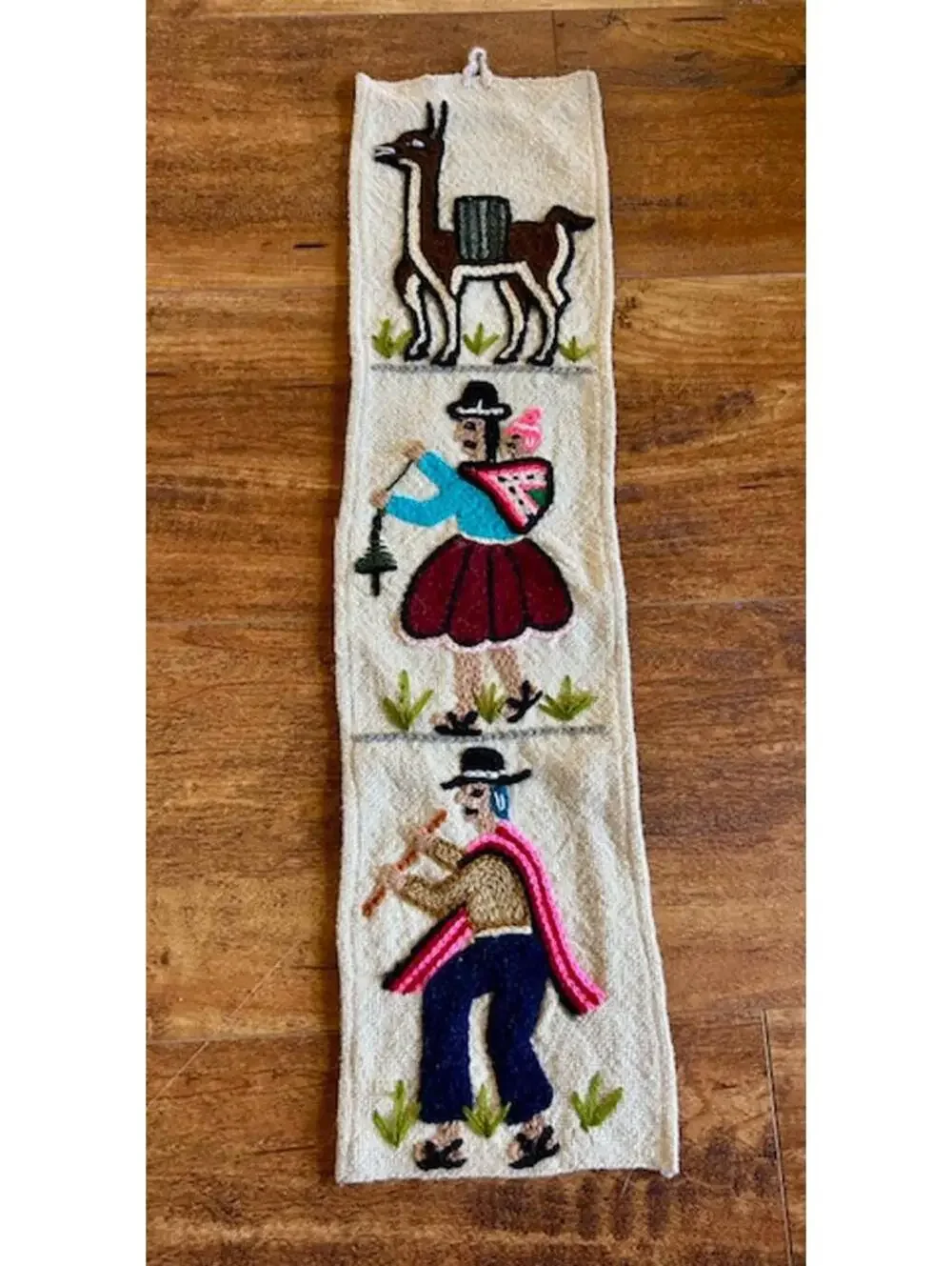 Handcrafted Peruvian Wool Wall Hanging with Embroidered Llama and Figures